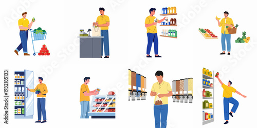 Man grocery shopping illustrations: selecting fresh produce, dairy, deli, bulk items, and checking out in a supermarket, showcasing modern retail customer experience.