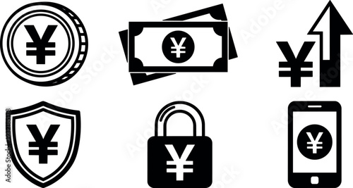 Flat design black yen currency icon set with coin note shield lock smartphone and upward arrow in simple minimal layout