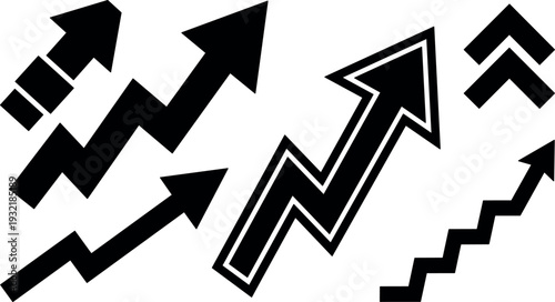Minimalist icon set of upward and zigzag growth arrows showing rising trend bold black vector icons close up detail