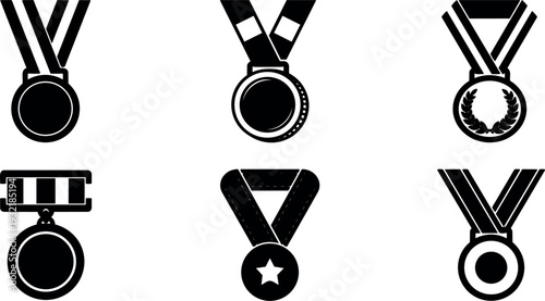Flat design medal icon set close up six black and white award medallions with ribbons variety of styles and angles
