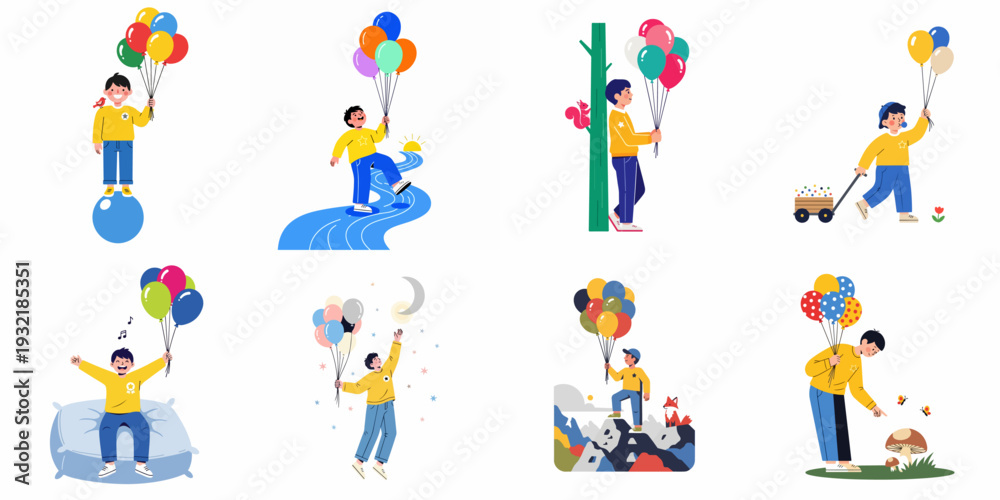 Fototapeta premium A delightful collection of a happy boy's imaginative adventures, exploring nature, dreaming, and celebrating life's simple joys with colorful balloons.