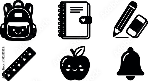 Flat design school supplies icon set backpack notebook pencil eraser ruler apple bell simple black silhouette close up front view
