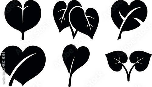 Flat design set heart shaped leaf icons in bold silhouette isolated on white background minimalist vector icon pack for branding