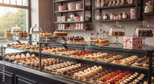 Assorted pastries displayed in modern bakery shop interior  