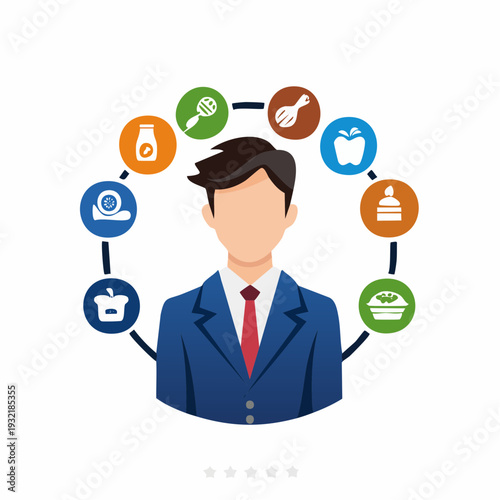 Business professional surrounded by icons representing food, drinks, and culinary activities