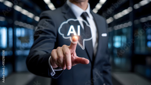 Man in suit touching AI icon in a speech bubble businessman formal wear Business picture