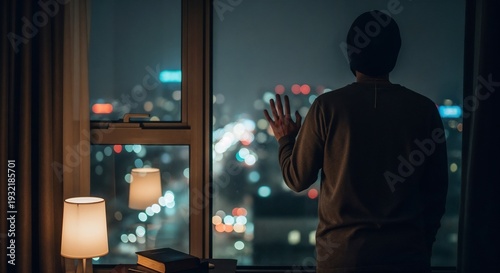 Man looking out window at city lights while standing in a dark room  