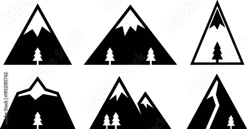 Flat design mountain icon set showing six simple snowy peak silhouettes with pine trees triangle badge and bold contrast monochrome