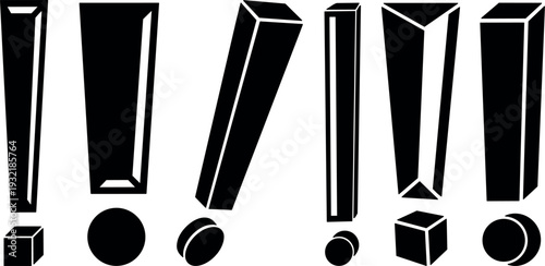 Flat design geometric exclamation marks icon set bold black shapes shown in varied perspectives close up high contrast vector
