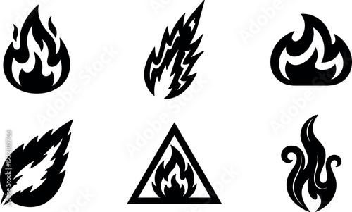 Vector icon set of fire symbols flat design six flame badges warning triangle stylized leaf drop pattern black silhouettes minimal