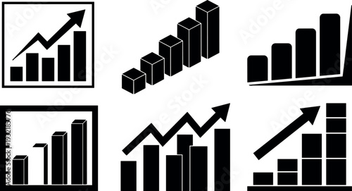 Minimalist flat icon set of ascending bar charts and growth arrows six variations in black simple vector graphics for layouts