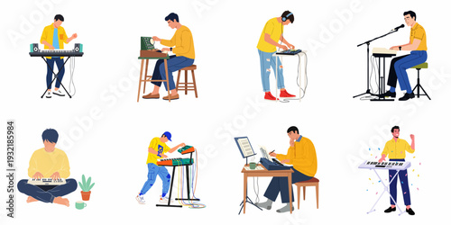 Diverse collection of men playing various electronic musical instruments, composing, and performing music in different settings.