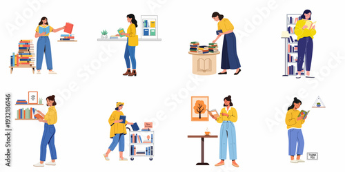 Collection of women enjoying reading and browsing books in various settings, from libraries to cozy cafes.