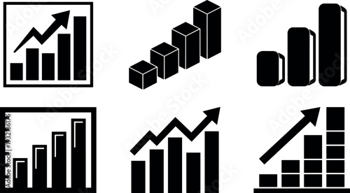 Flat design six growth and bar chart icons showing ascending data arrows and column trends in simple black vector minimalist