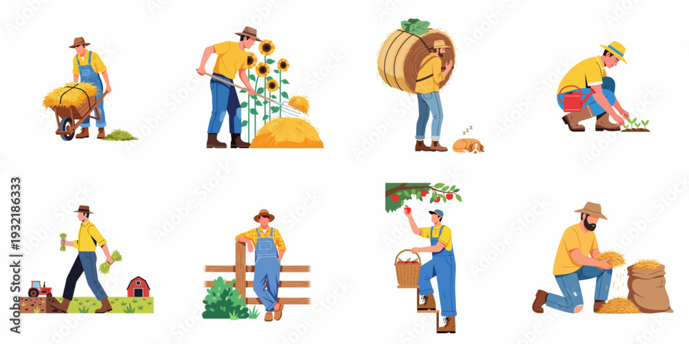 Fototapeta premium Illustrations of farmers performing various agricultural tasks, including hay harvesting, planting, fruit picking, and daily farm life activities.
