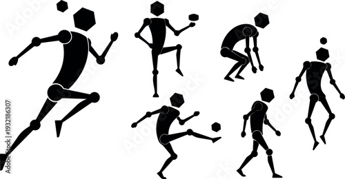 Minimalist silhouette soccer players in dynamic poses kicking and juggling ball set vector sports icons in motion black isolated figures