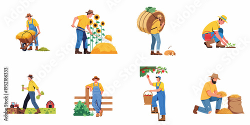 Illustrations of farmers performing various agricultural tasks, including hay harvesting, planting, fruit picking, and daily farm life activities.