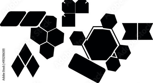Flat design geometric composition of hexagons polygons and tiles abstract insect like arrangement in black silhouette on white background minimalist