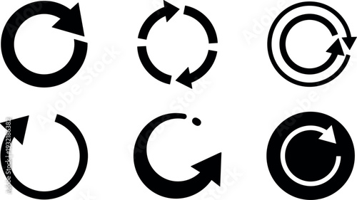 Flat design set of six circular refresh arrow icons black silhouettes close up isolated on white background minimal icon collection