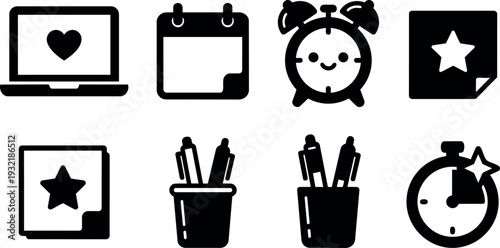 Flat icon set bold glyph icons laptop with heart calendar alarm clock smiling face star speech bubble pencil cup stopwatch