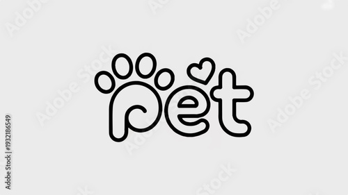 Cute pet logo with paw print and heart on gray background symbolizing love and care for animals in a simple black line art style