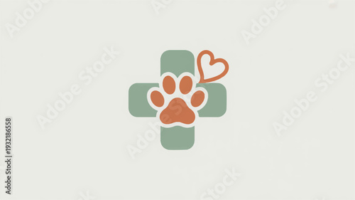 Veterinary care symbol with heart and paw print on green cross background for animal love and health