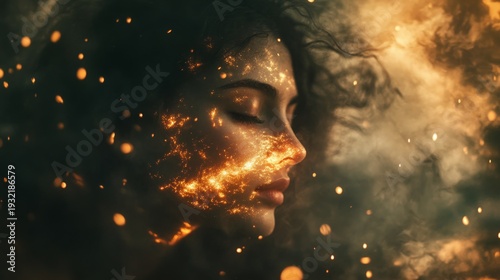 A woman's face is half-hidden behind smoke and fire, with glowing embers visible through her skin.