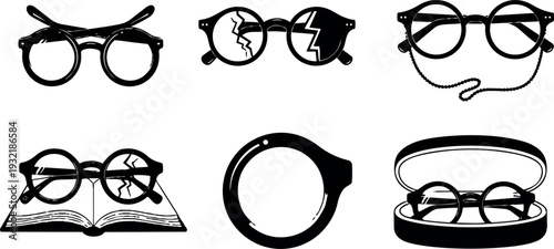 Hand drawn ink sketch eyeglasses set close up top view various frames and open case vintage feel monochrome vector illustration