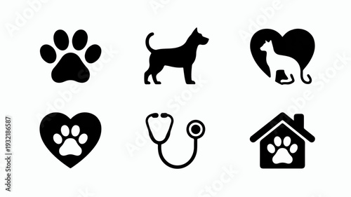 Animal care symbols with hearts and medical icons for veterinary clinics and pet love