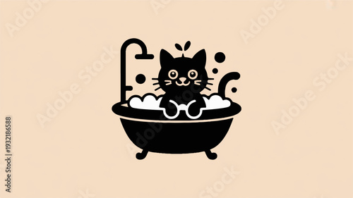 Cute black cat sitting in a bubble bath with water splashes on peach background relaxing and playful