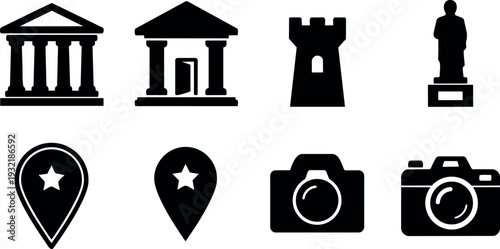 Flat design close up set of museum tower statue map pin and camera icons on white background simple bold minimal