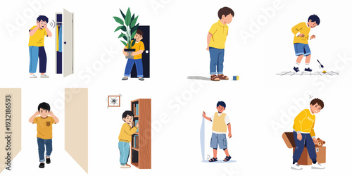 Vector Illustrations of Children Experiencing Diverse Emotions and Daily Challenges: Fear, Anxiety, Sadness, Shyness, and Accidents