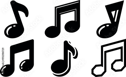 Flat design musical note icon set six black music symbols isolated on white background simple vector illustration bold outline variants