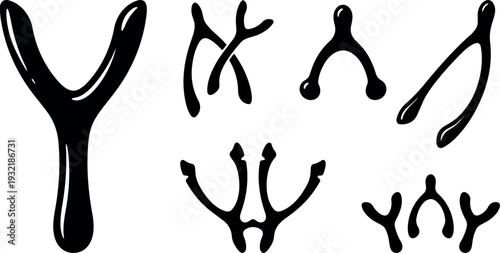 Line art collection of wishbone and forked twig silhouettes showing multiple angles isolated on white background minimalist medical symbol study