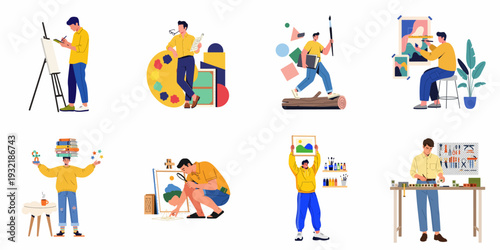 Illustrations of Male Artists and Designers Engaged in Diverse Creative Processes: Painting, Digital Art, Conceptual Design, and Craftsmanship, Celebrating Innovation and Skill.