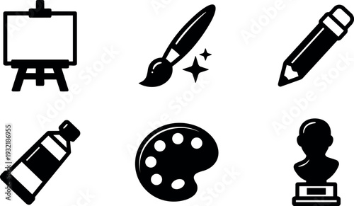 Flat design art tool icons set easel paint brush pencil tube palette bust close up simple black silhouette minimalist vector