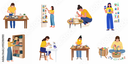 Women engaged in various creative handmade crafts and hobbies such as paper cutting, painting, stamping, and organizing art supplies, showcasing a passion for DIY projects.