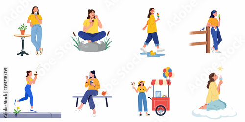 Collection of women enjoying various frozen desserts, illustrating summer joy, relaxation, and sweet moments in diverse settings.