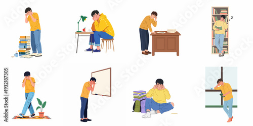 Exhausted student struggling with academic pressure, depicting burnout, stress, and fatigue from intense studying and work across various scenarios.