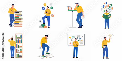 Illustrations depicting a man's intellectual journey: studying, brainstorming, problem-solving, and generating ideas for creative and professional growth.