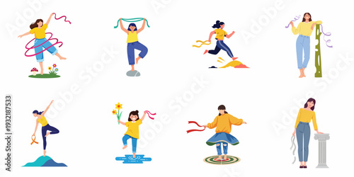 Illustrations of women embodying freedom, joy, and movement, from dancing with ribbons to running and finding balance in nature.