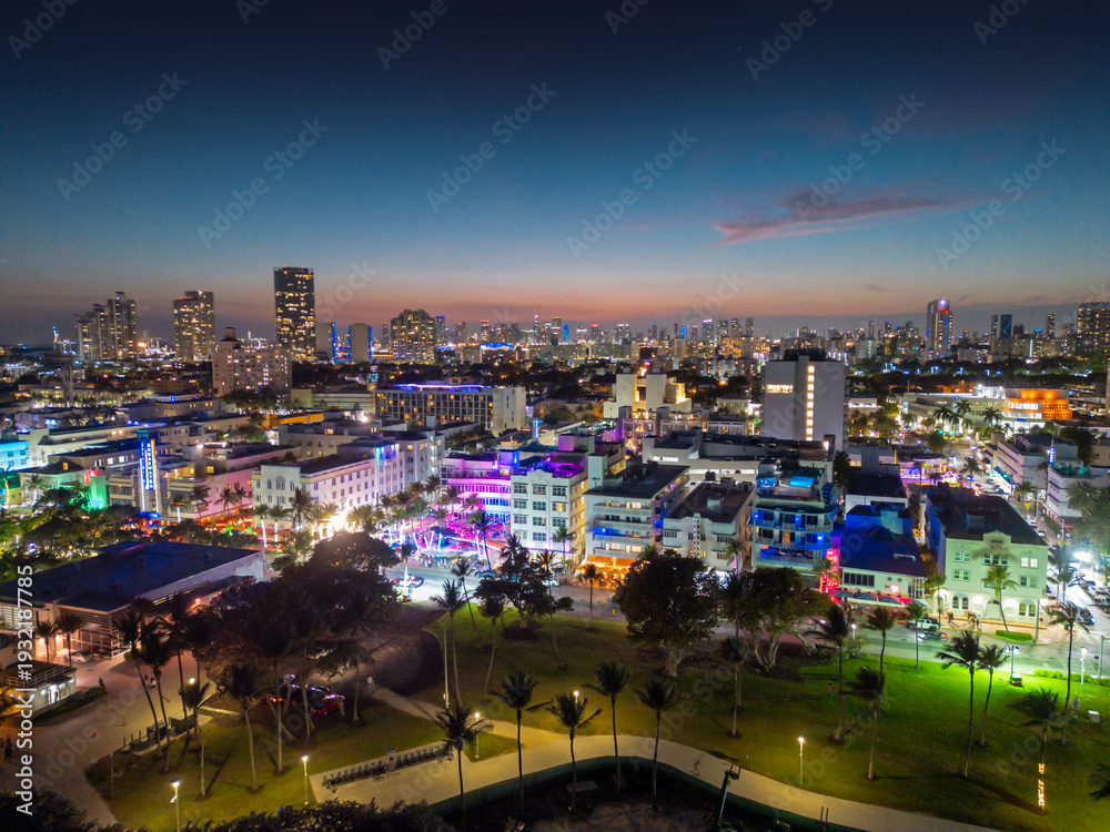 Fototapeta premium Drone shot of Miami on evening. Miami district sky view at evening. Panoramic Miami evening coastline. Miami shoreline.