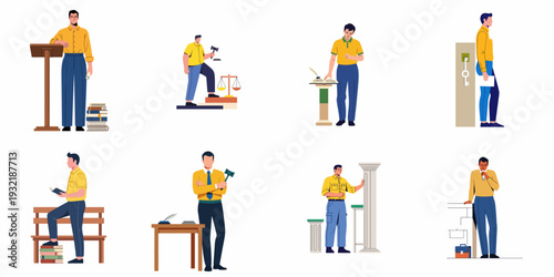 Collection of diverse legal, educational, and professional flat illustrations depicting a man in various roles related to law, justice, knowledge, and public speaking.