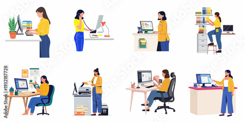 Diverse professional women engaged in various office tasks and administrative duties, illustrating modern workplace activities and business functions.