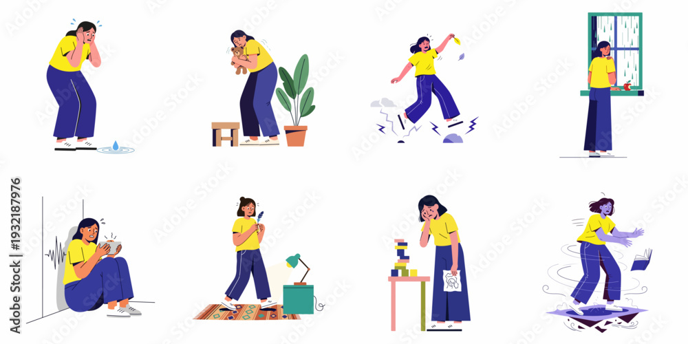 Fototapeta premium Illustrations depicting a woman experiencing various forms of stress, anxiety, and emotional distress, from everyday problems like leaks to overwhelming feelings and environmental concerns.