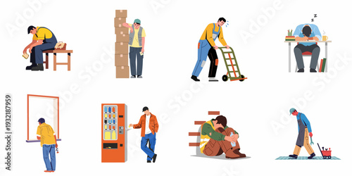 Illustrations of overworked, underpaid, and exhausted workers facing various labor challenges, stress, and economic hardship in their daily lives.