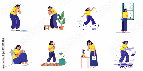 Illustrations depicting a woman experiencing various forms of stress, anxiety, and emotional distress, from everyday problems like leaks to overwhelming feelings and environmental concerns.