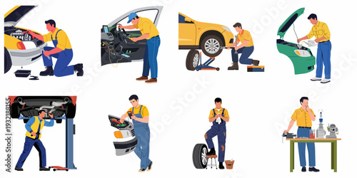 Diverse illustrations of auto mechanics performing various car repair and maintenance tasks, including engine diagnostics, tire changes, and oil servicing, in a professional garage setting.