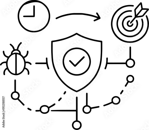 Cyber Security Threat Protection Process Minimal Line Art Illustration. Data Protection and System Vulnerability Management with Achieved Goal Minimalist Icon.
