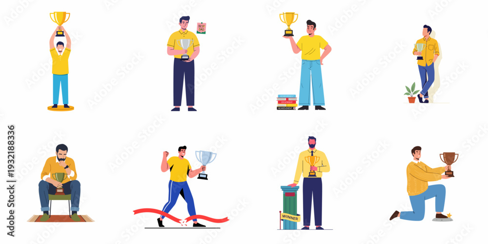 Naklejka premium Men Achieving Success: A collection of diverse illustrations featuring triumphant individuals holding trophies, celebrating victory, and reaching accomplishments.